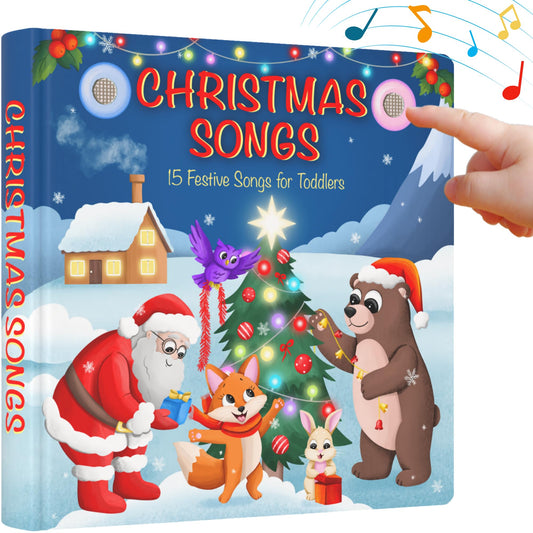 LEARNING BUGS Christmas Songs book cover with 28 buttons for interactive learning.