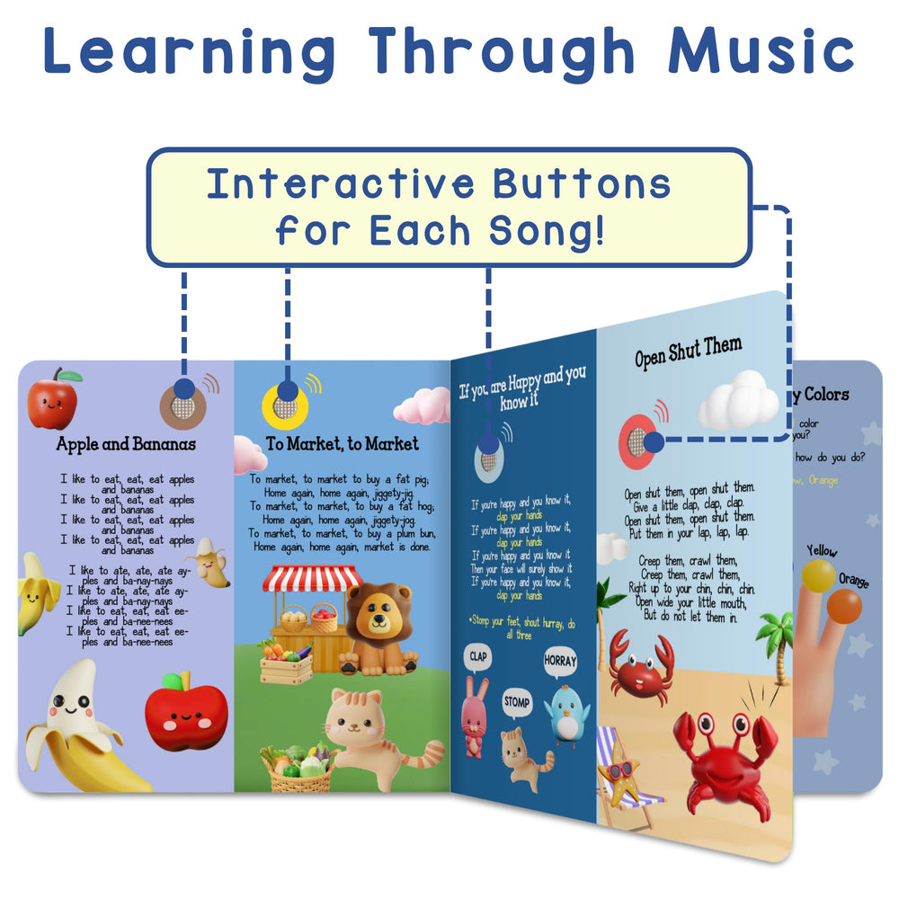 Learning Bugs lyric pages open, inviting children to sing along and connect words with melodies