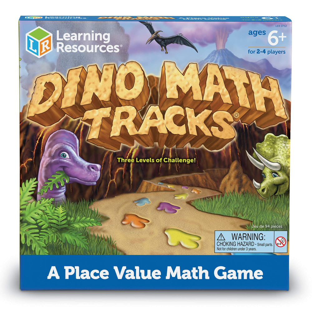 Learning Resources Dino Math Tracks dice – colorful tools to form four-digit numbers.