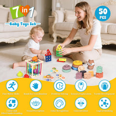 LearnToy 7-in-1 rings stack to improve hand-eye coordination and color recognition.