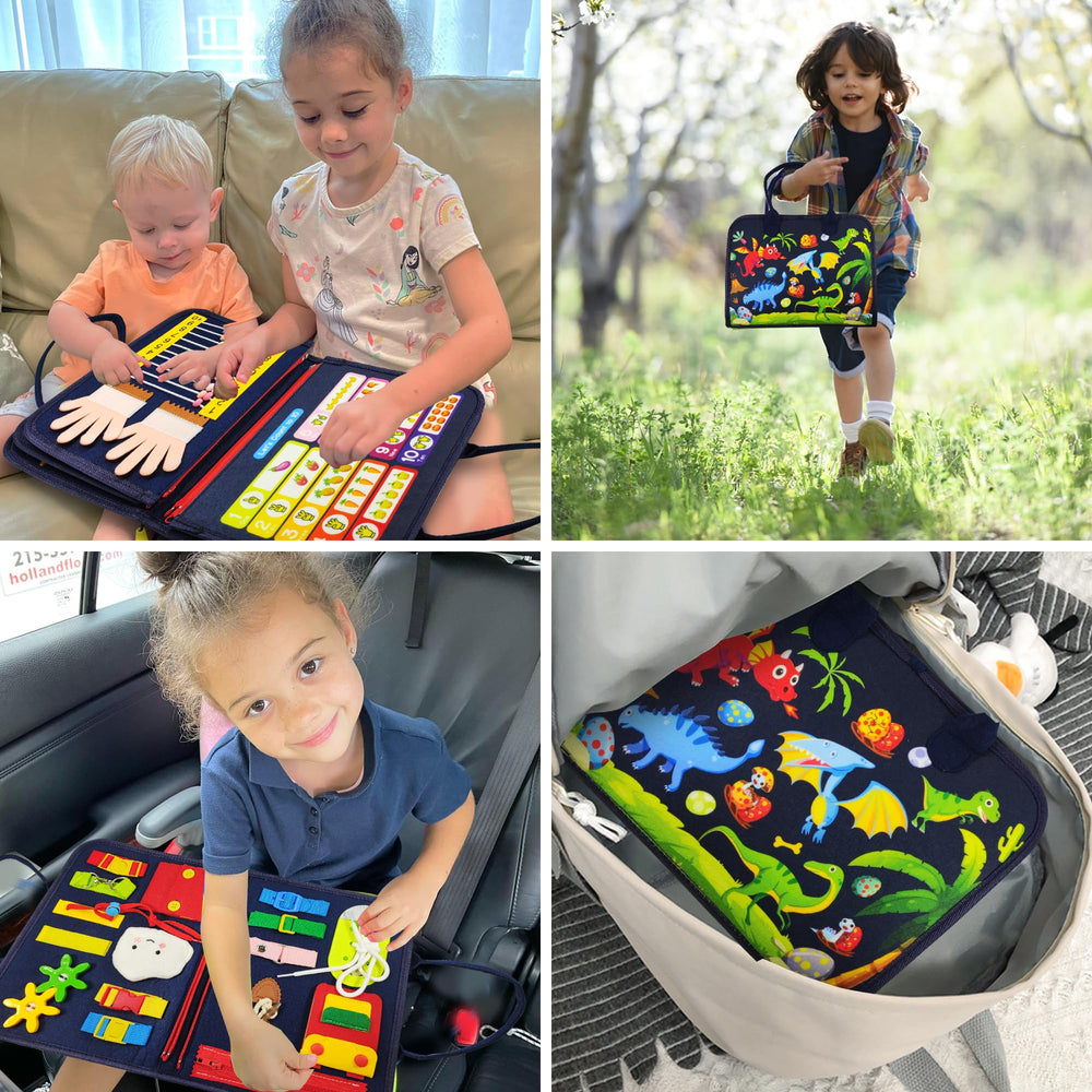 LearnToy Montessori Busy Board shape puzzles and threading for recognition and imagination