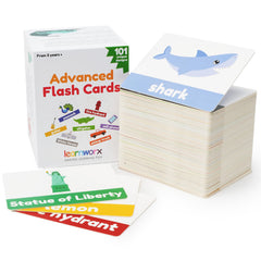 Learnworx advanced flash cards 101 cover—vibrant set for vocabulary exploration.