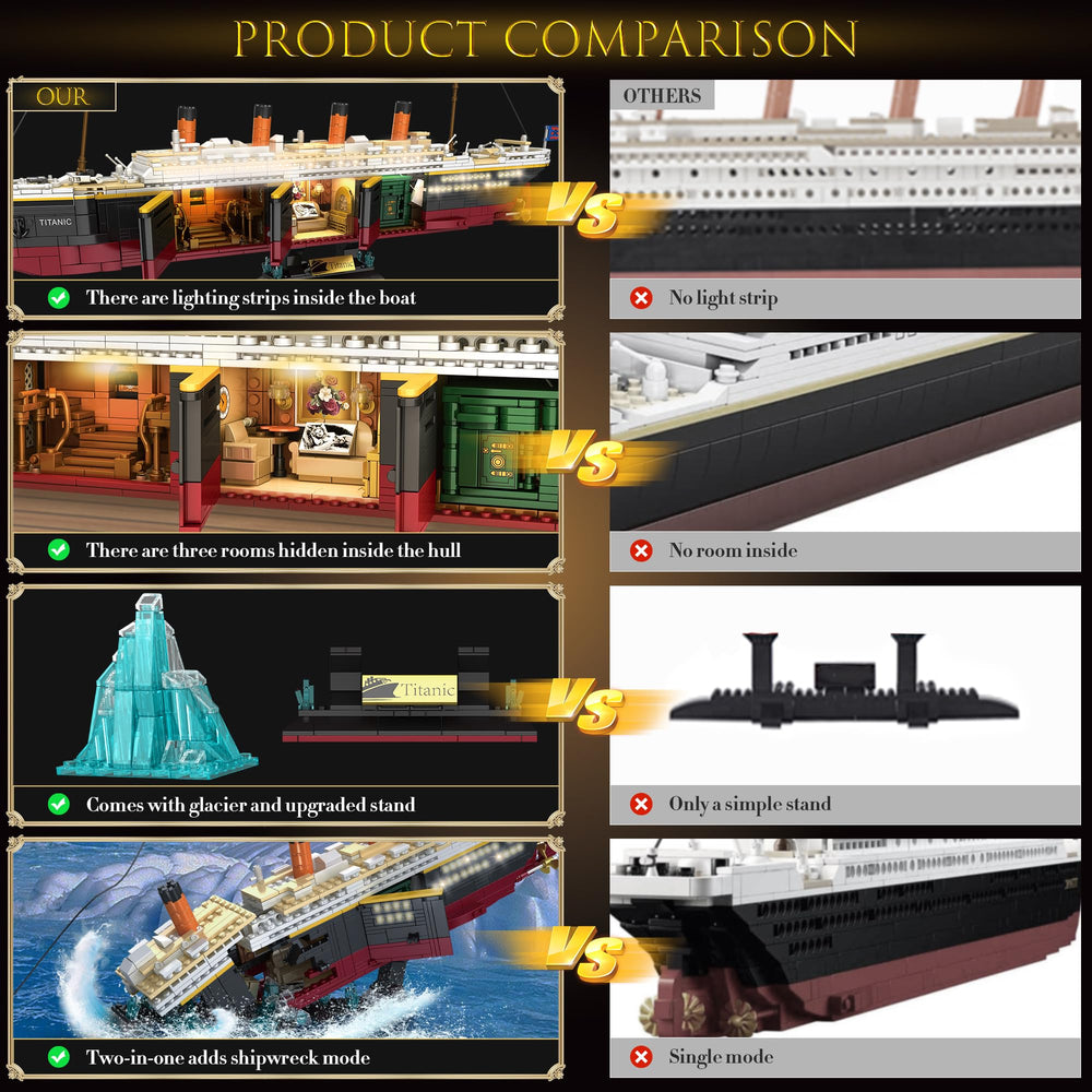LeBrickCrt Titanic light strip illuminates the model for dramatic viewing