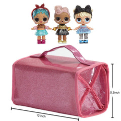 Leeche pink sparkle bag keeps dolls' accessories neatly grouped.