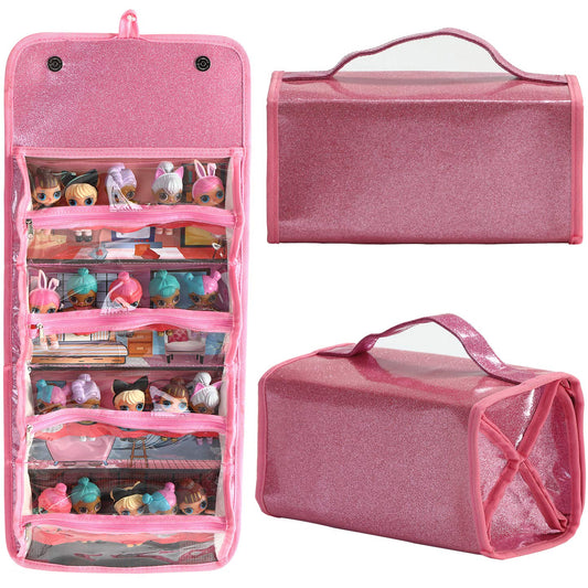 Leeche doll storage display foldout pink for easy viewing and organization.