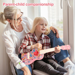 LeeQee ukulele with picks highlighting included learning accessories