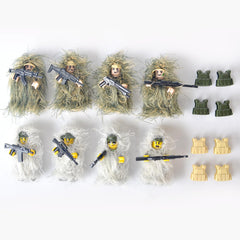 Leerfei military camouflage soldiers set with eight figures for versatile jungle and snowfield play.