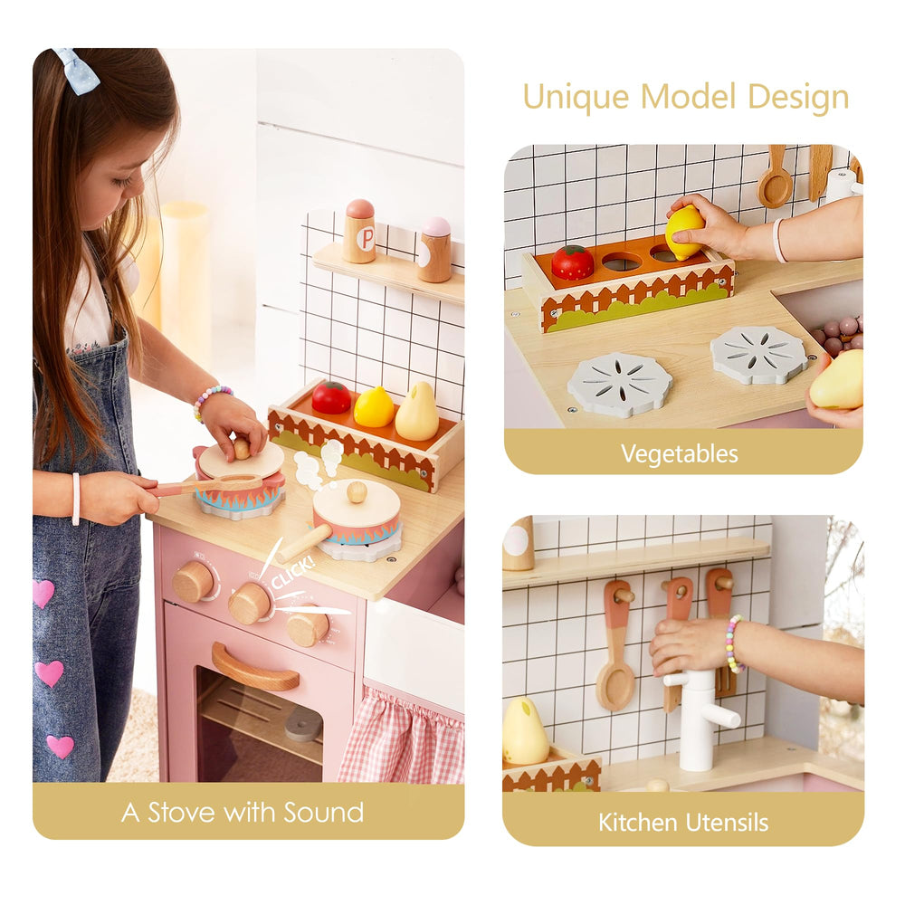 Leeshyah pink wooden play kitchen dishware set ready for imaginative meals.