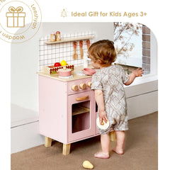 Leeshyah pink wooden play kitchen faucet detail for realistic pretend play.