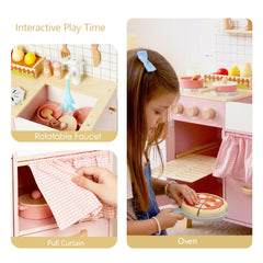 Leeshyah pink wooden play kitchen interactive knobs spark creative role-play.