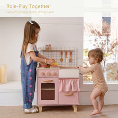 Leeshyah pink wooden play kitchen stove-top close-up for imaginative cooking.