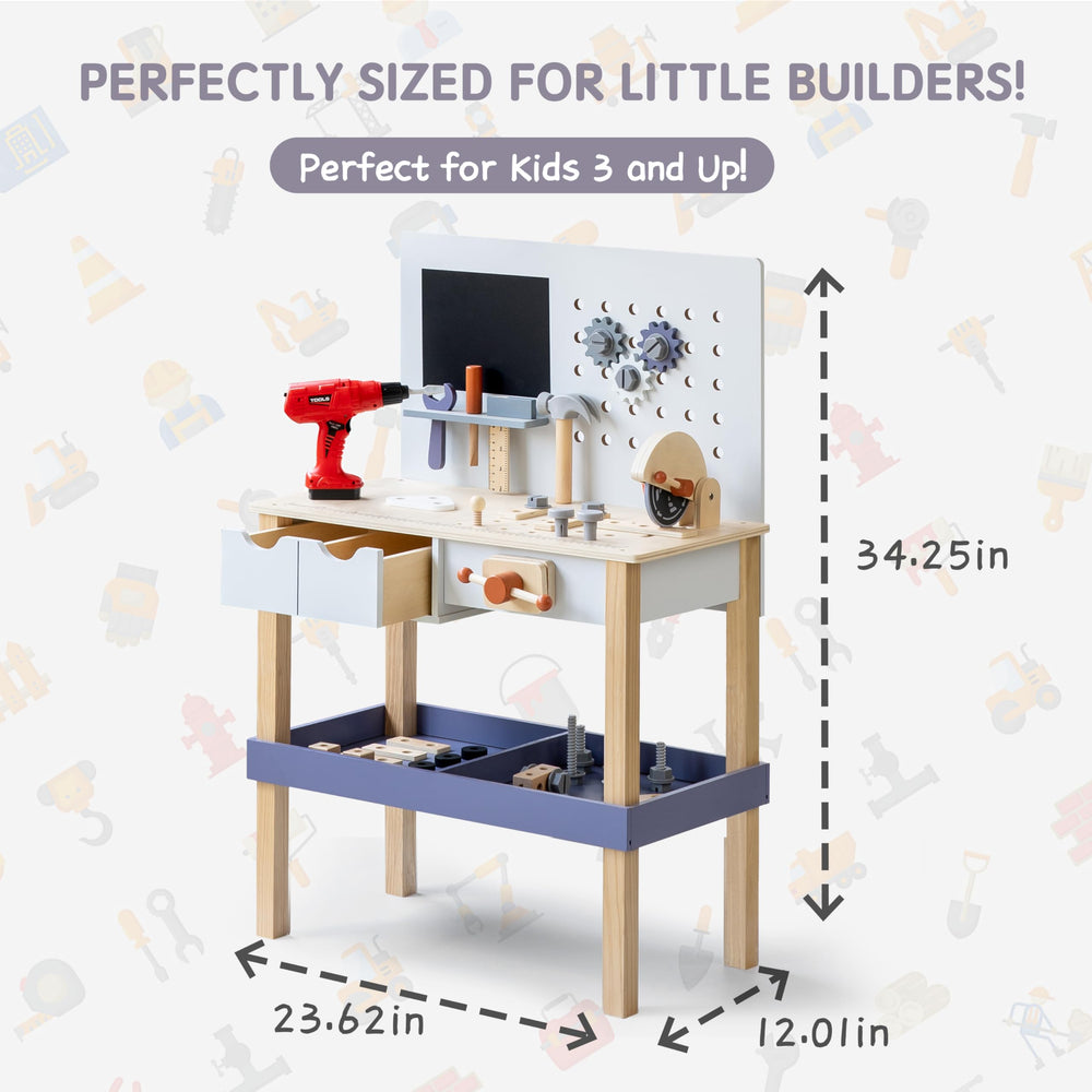 Leeshyah toy workbench features smooth edges for safe, worry-free pretend play.