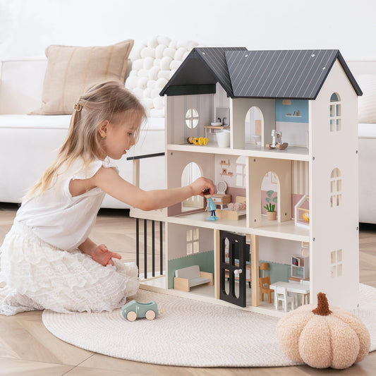 Leeshyah wooden dollhouse front view for immersive pretend play with durable build.