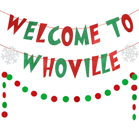 LeeSky Welcome To Whoville banner in red green glitter for festive decor