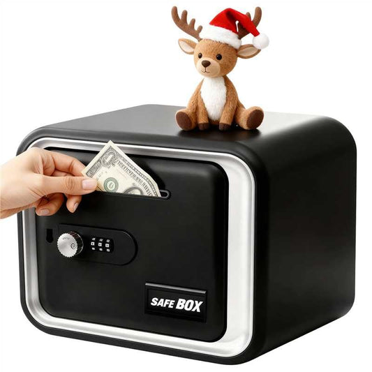 LEFREE piggy bank in use by a child depositing coins with password lock.