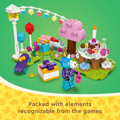 LEGO Animal Crossing balloons and decorations heighten celebratory mood in play scenes.