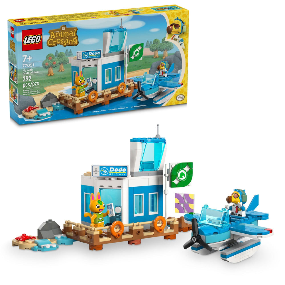 Lego Animal Crossing Fly with Dodo Airlines airport playset shown with jetty for imaginative travel stories