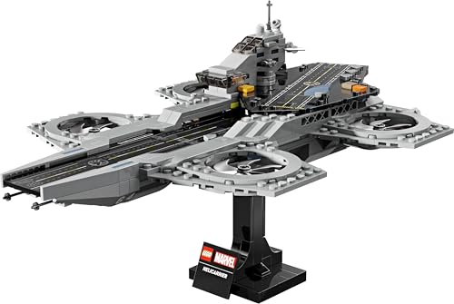 LEGO Avengers Helicarrier front view emphasizes iconic silhouette for display-worthy setup.