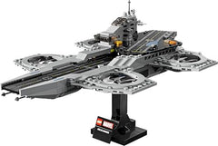 LEGO Avengers Helicarrier front view emphasizes iconic silhouette for display-worthy setup.