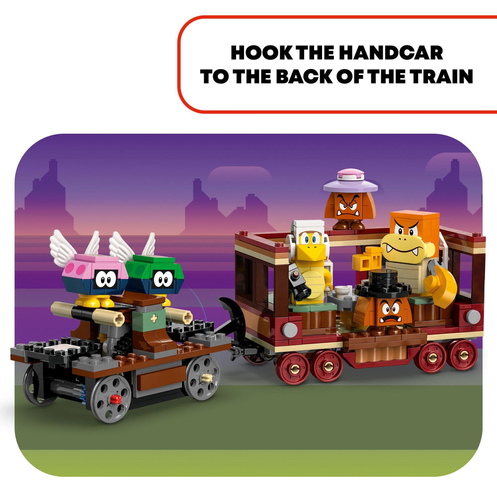 LEGO Bowser Express Train cannon wagon shows spring-loaded shooter action