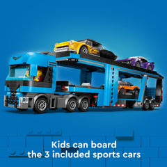 LEGO City Car Transporter 50s tail dragger with minifigures enhances scene-building.