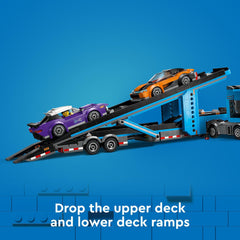 LEGO City Car Transporter Truck tilt cab reveals accessible engine detail.