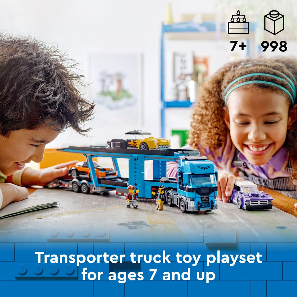 LEGO City Car Transporter Trailer ramps image emphasizes easy car loading and unloading.
