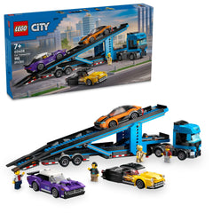 LEGO City Car Transporter Truck front view highlights a scalable build for imaginative play.