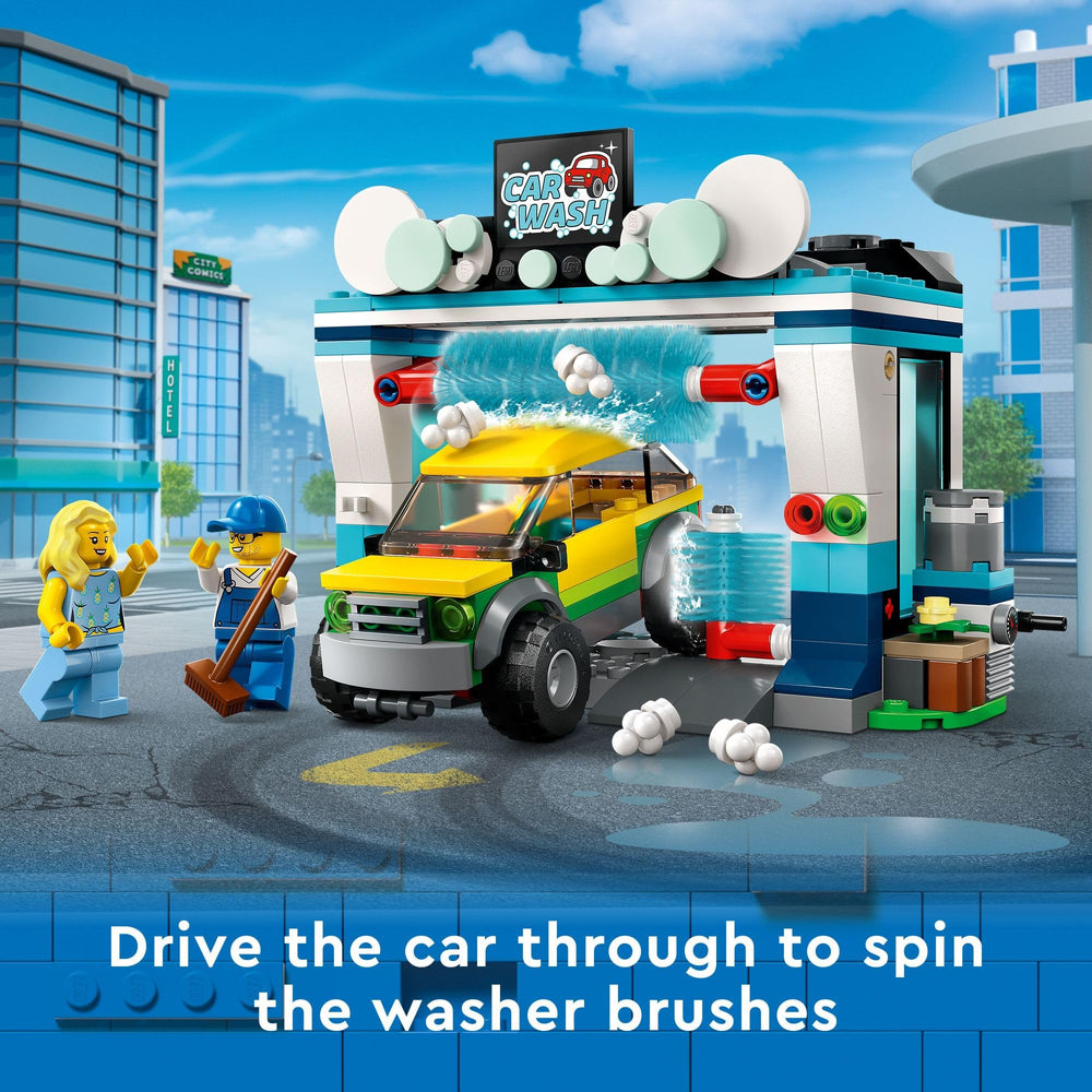 LEGO City Car Wash spinnable brushes showcase interactive washing action.