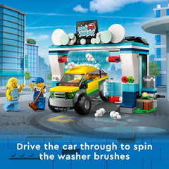 LEGO City Car Wash spinnable brushes showcase interactive washing action.