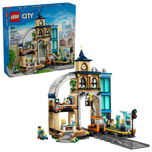 LEGO City Central Train Station with three-level clock tower, ready for imaginative play