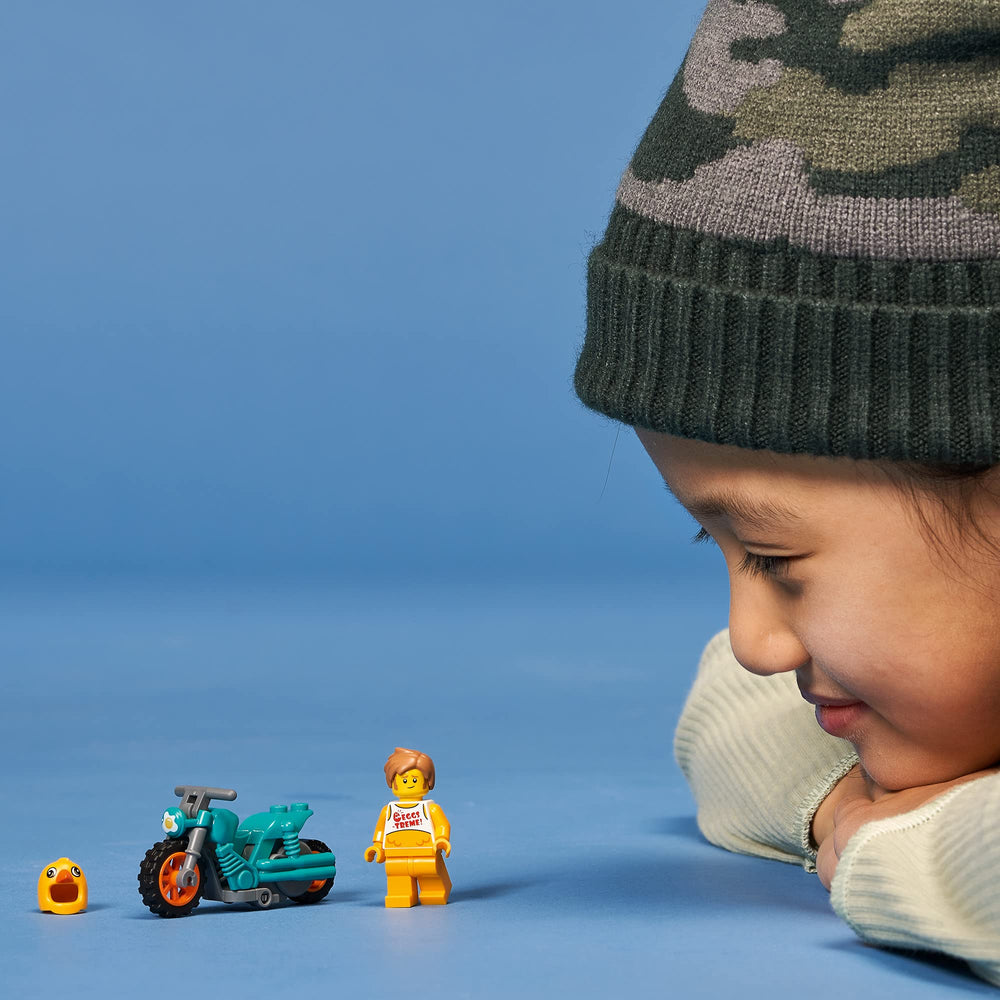 LEGO City Chicken Stunt Bike 60310 action pose supports quick play sessions