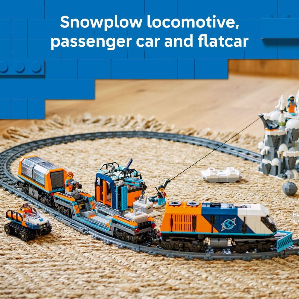 LEGO City Explorers Arctic Polar Express flatcar supports gear and exploration equipment.