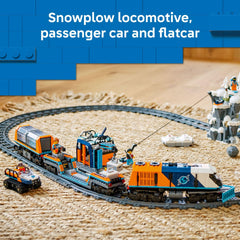 LEGO City Explorers Arctic Polar Express flatcar supports gear and exploration equipment.
