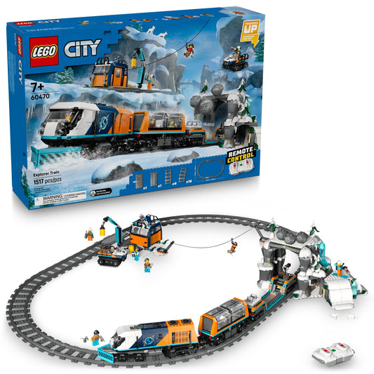 LEGO City Explorers Arctic Polar Express locomotive with motorized drive for dynamic snow adventures.