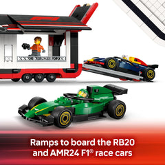 LEGO AMR24 F1 car model outside trailer for action-packed scenes