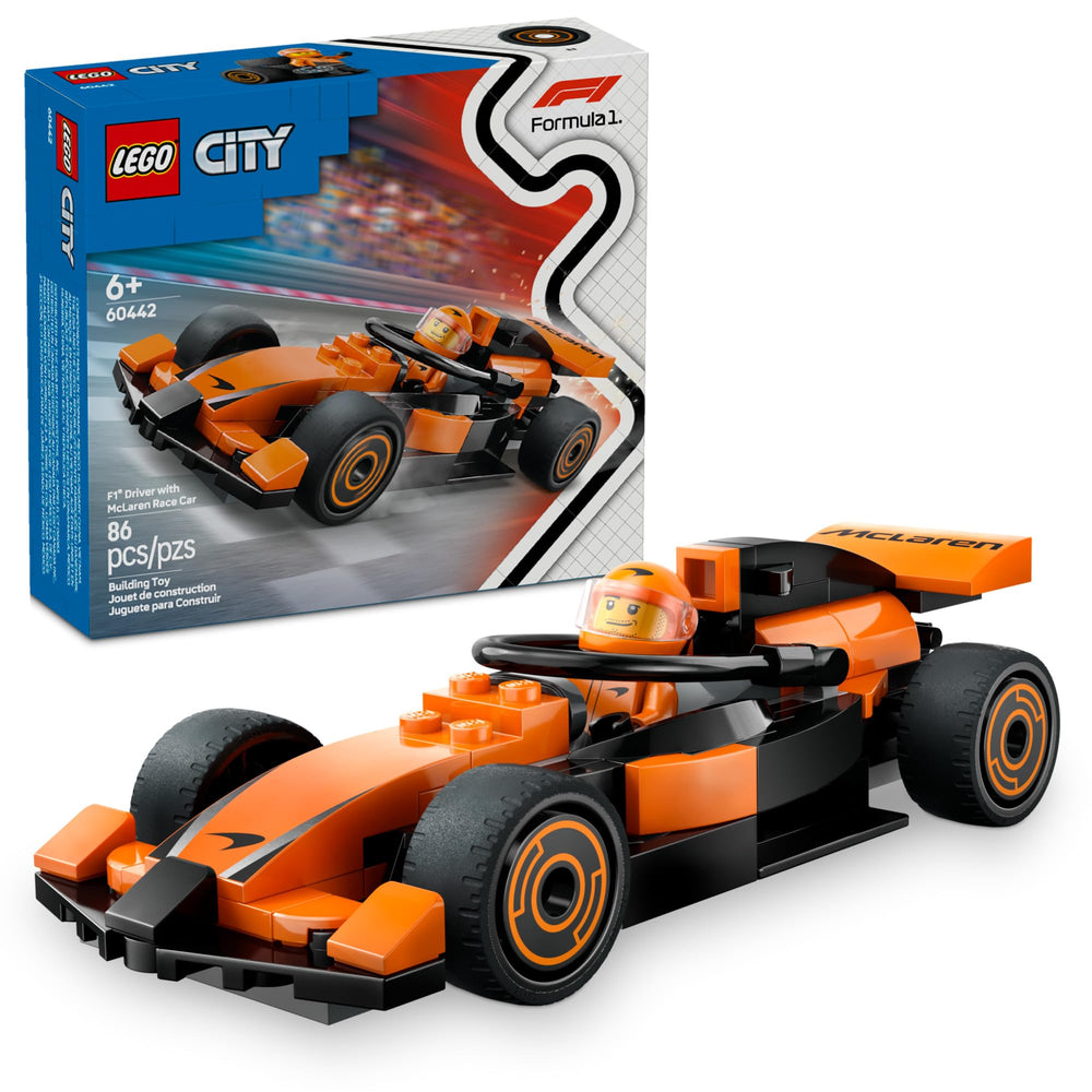 LEGO City F1 Driver with McLaren car side view for imaginative racing play
