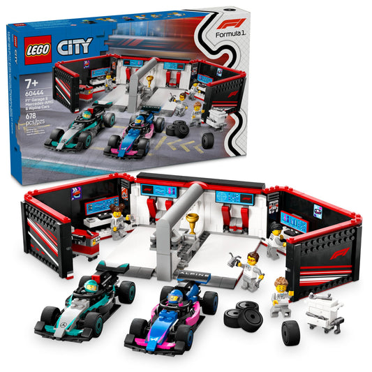 LEGO City F1 Garage launch bays for quick race starts and play.