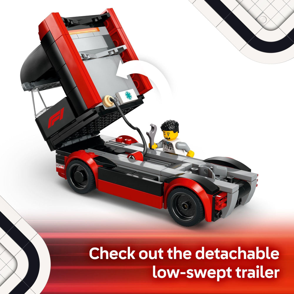 LEGO RB20 F1 car model inside trailer for fast-paced play