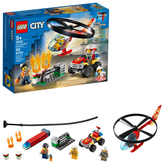 LEGO City Fire Helicopter Response ripcord helicopter in flight for fast-action imaginative play.