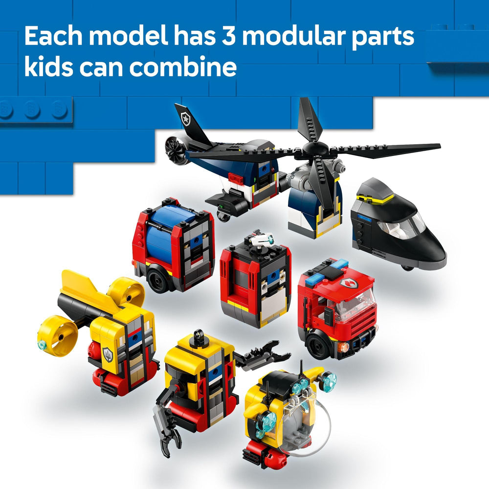 LEGO City minifigures: police officer, helicopter pilot, and firefighter ready for missions
