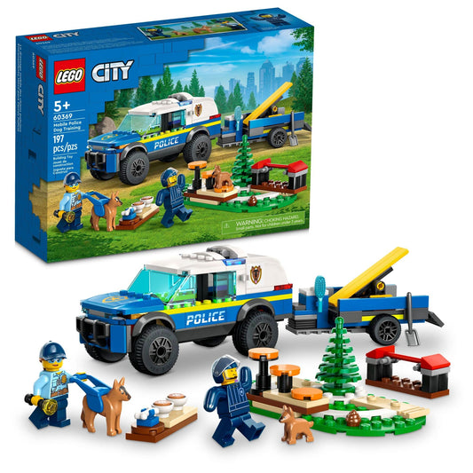 LEGO City 60369 SUV with trailer enables portable police dog training play.