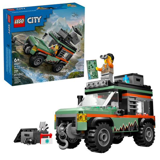 LEGO City Off-Road 4x4 Mountain Truck front view shows rugged tires for outdoor play.