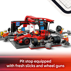 LEGO City pit stop tools and wheel guns in use during a mock change.