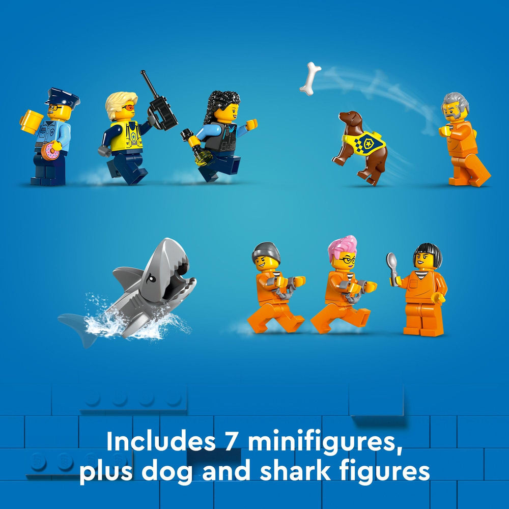 LEGO City Police Prison Island dog and shark figures enhancing play