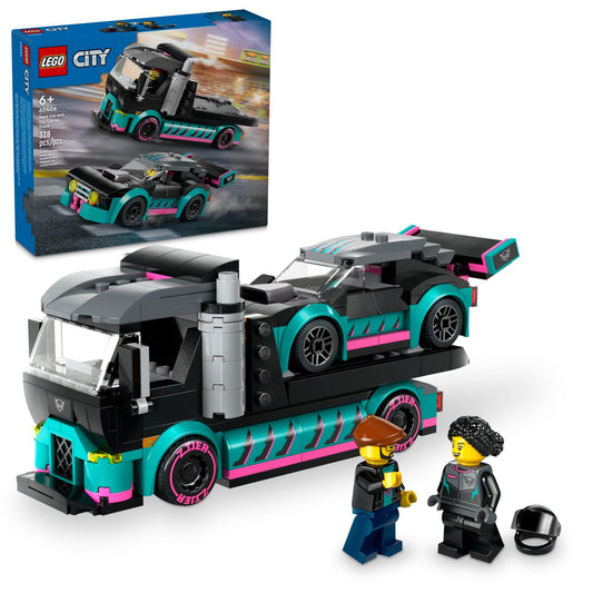 LEGO City Race Car with lowered suspension for realistic racing play.