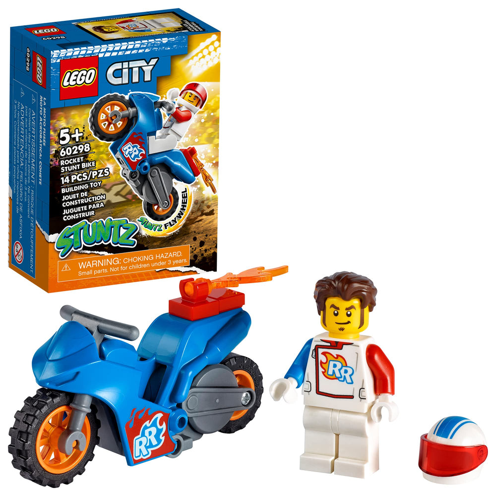 LEGO City Rocket Stunt Bike with flywheel action fuels dynamic play.