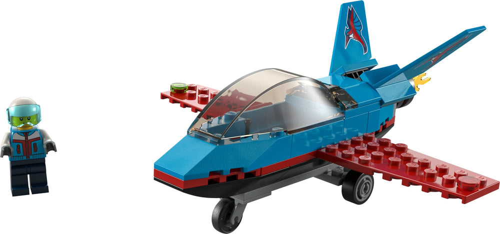LEGO stunt jet with vibrant boosters and tail fins for dynamic display ideas.