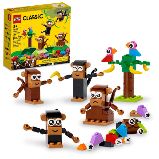 LEGO Classic Monkey Fun 11031 monkeys with jointed arms for imaginative play and fine motor skills.