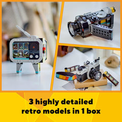 LEGO Creator 3-in-1 Retro Camera toy, side view, stimulates storytelling and building skills.